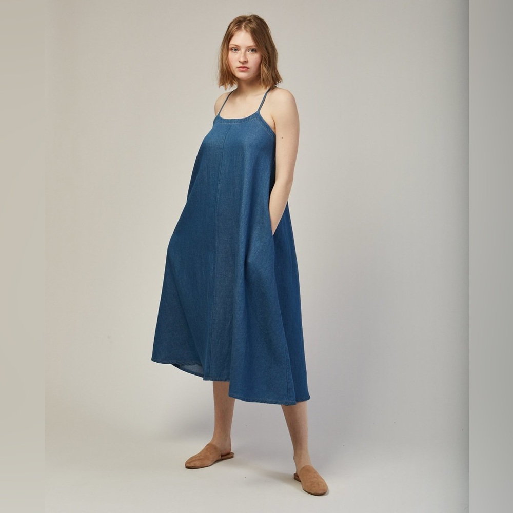 Micaela Greg Loop Dress Blue Medium Cotton Linen A-Line Maxi